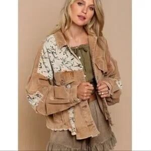 POL Corduroy Shacket Floral Patchwork Raw Edge Tan Jacket Women Large